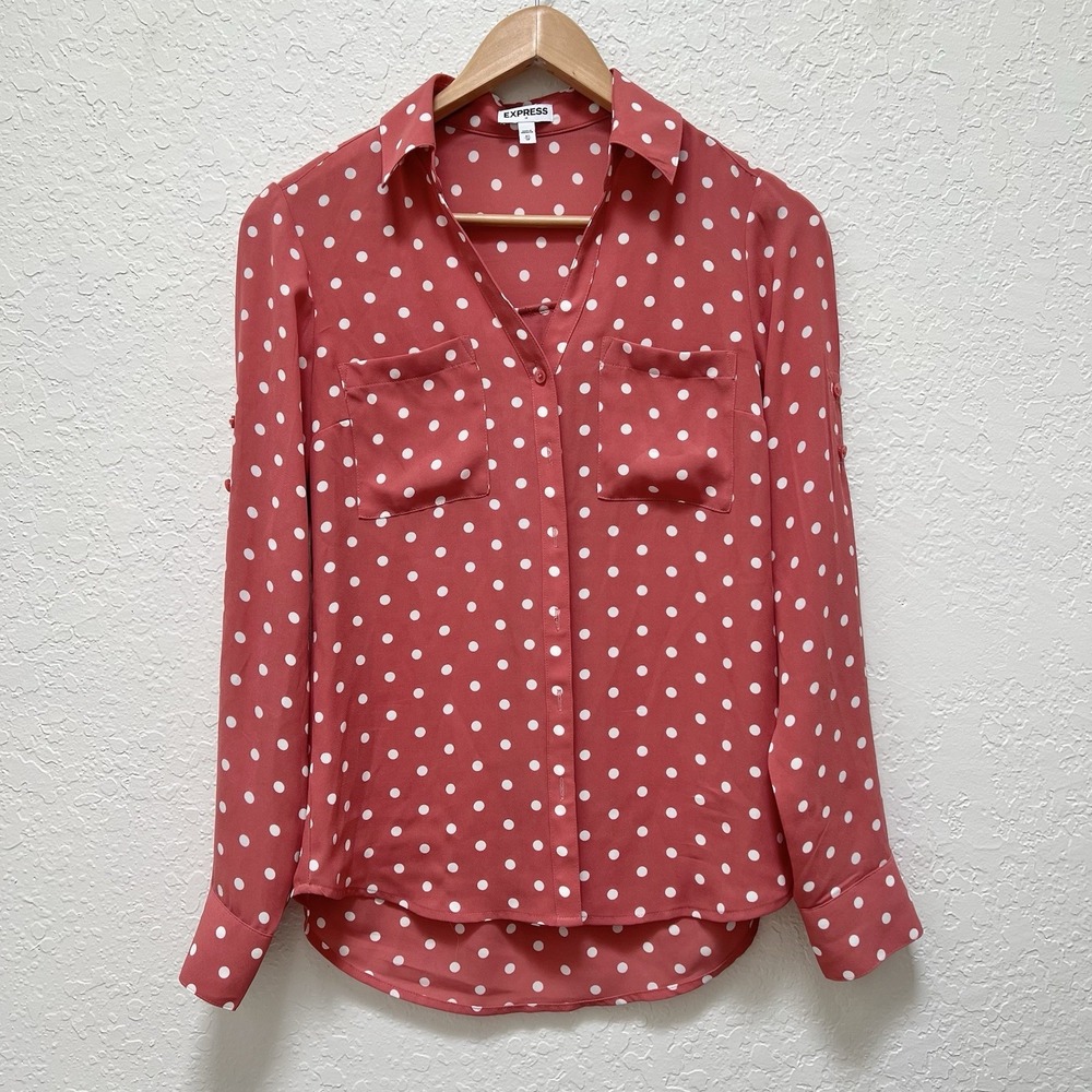 Express Womens Top Blouse Small Pink White Polka Dot Long‎ Sleeve Button Up